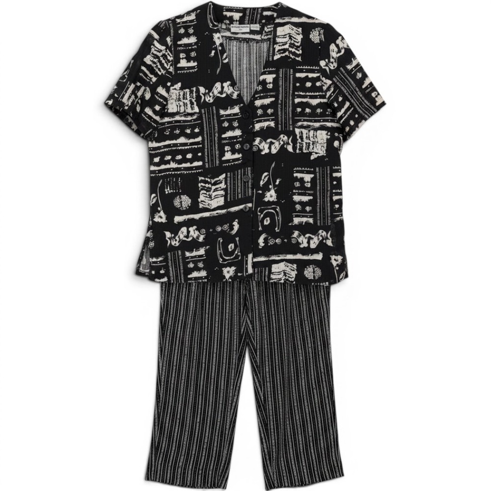 Alfred Dunner Pant Set Womens 10/12 Black White Abstract Stripe Vintage‎ 2 Piece